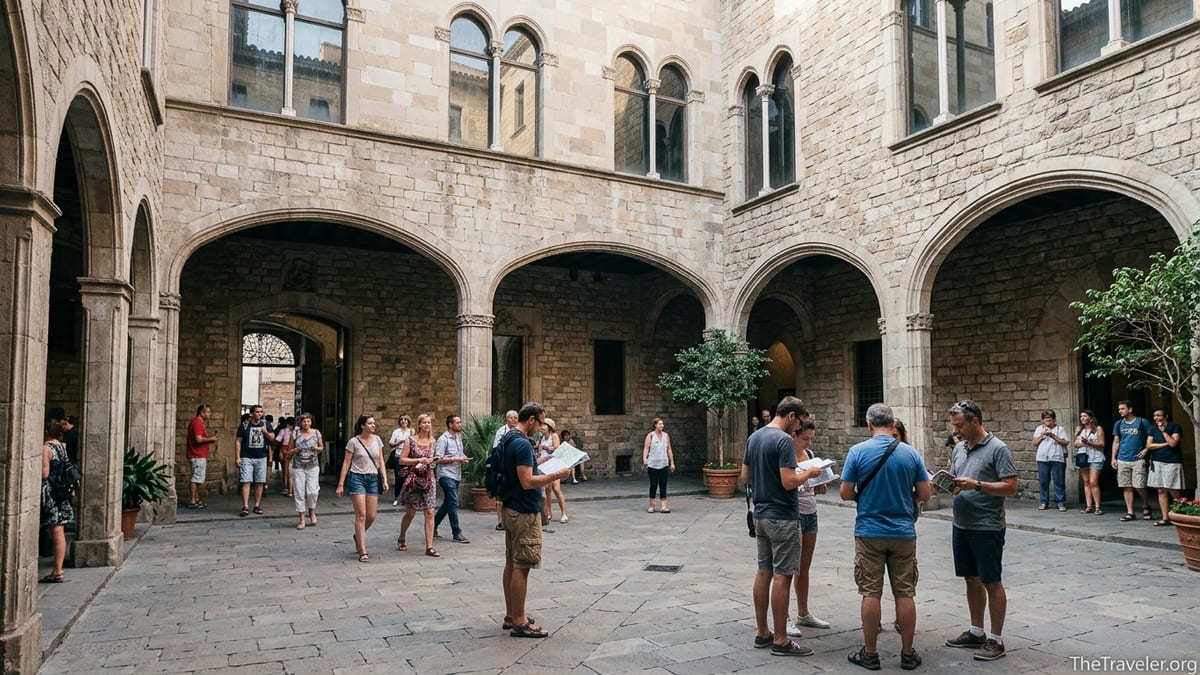 Visitors walk through the medieval stone courtyard of Barcelona’s Picasso Museum on a sunny afternoon.