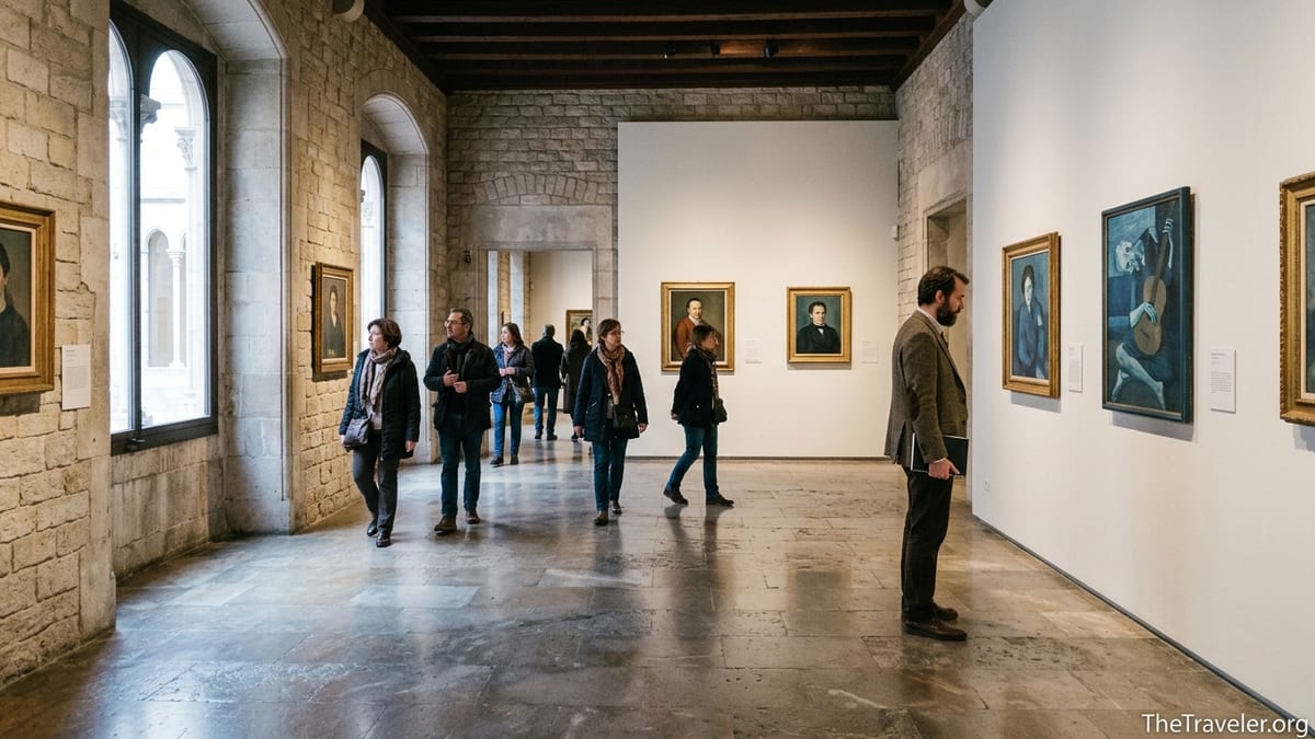 Visitors walk through a light-filled gallery of the Picasso Museum in Barcelona viewing early paintings.