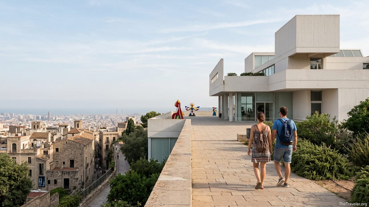 Travelers walking toward the Joan Miró Foundation on Montjuïc with Barcelona city skyline beyond.