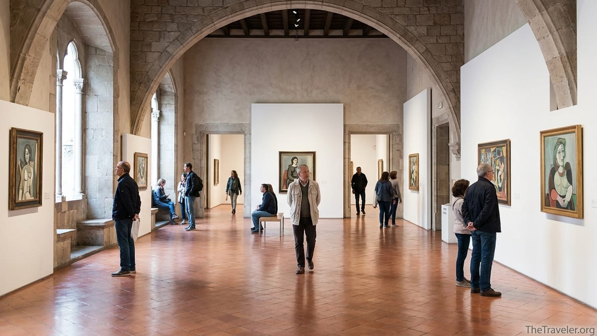 Visitors exploring light-filled galleries at the Picasso Museum in Barcelona.