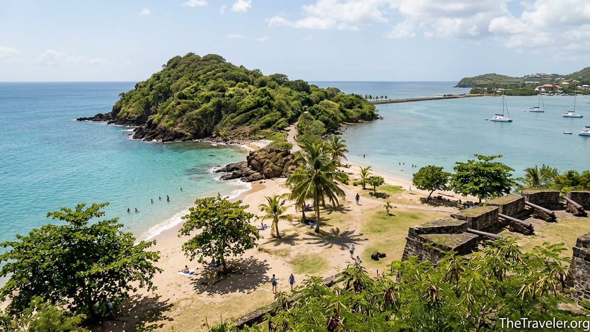 Panoramic view of Pigeon Island National Landmark with beaches, fort ruins, and Rodney Bay in sunlight.