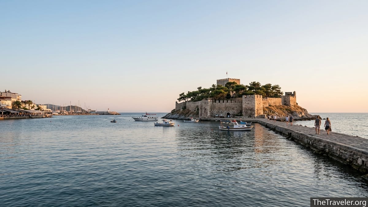 Golden hour view of Pigeon Island castle in Kusadasi with causeway and calm Aegean Sea.