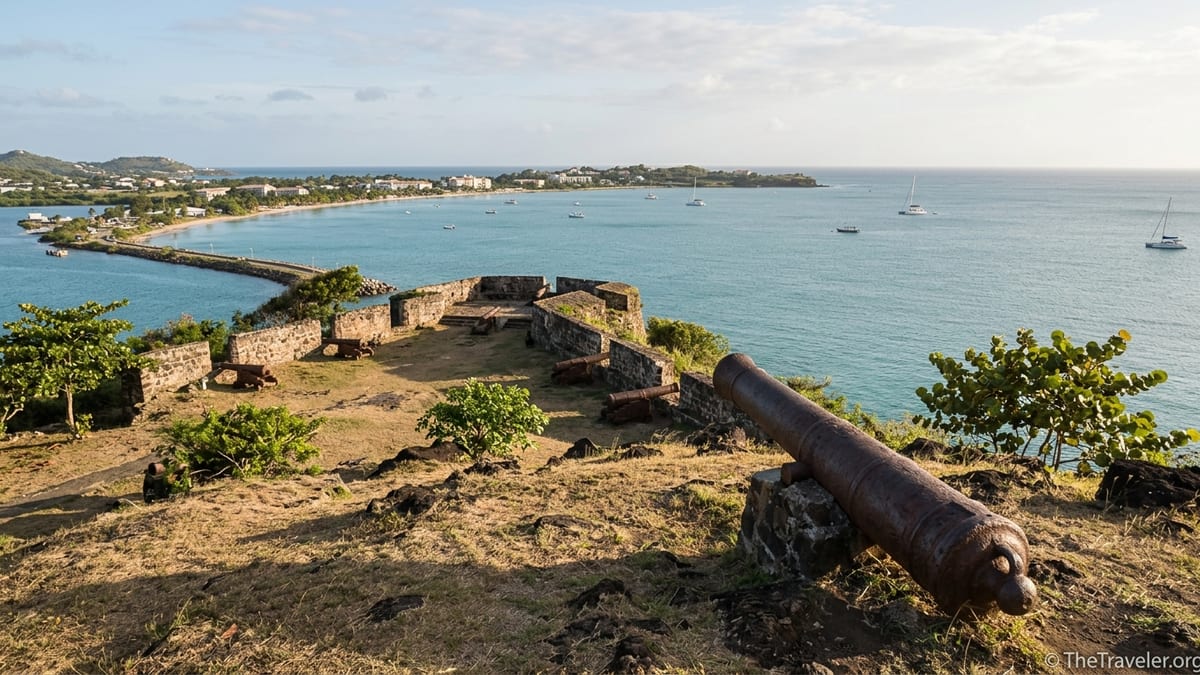 View from Fort Rodney on Pigeon Island over cannons, Rodney Bay and the Caribbean Sea.