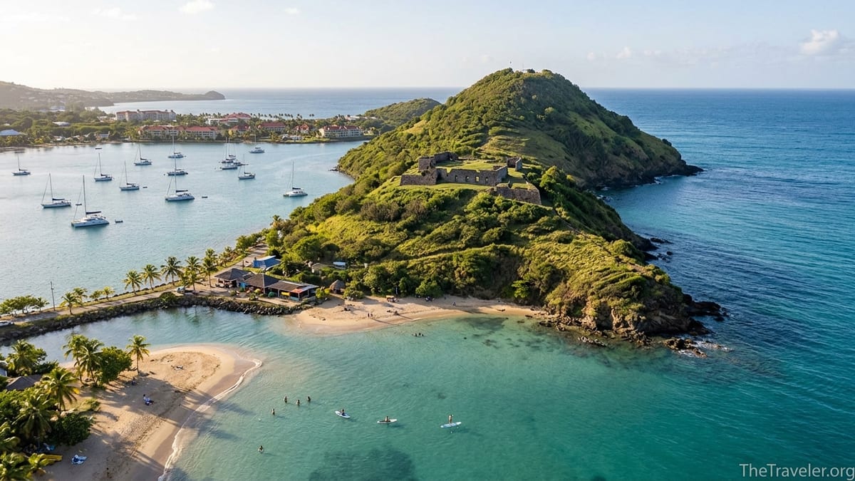 View from Fort Rodney over Pigeon Island’s beaches and Rodney Bay in Saint Lucia