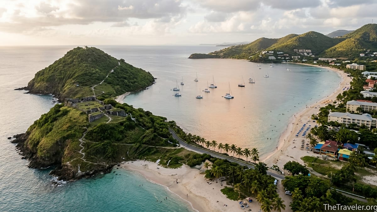 Aerial view of Pigeon Island and Reduit Beach facing each other across Rodney Bay in northern St Lucia at sunset.