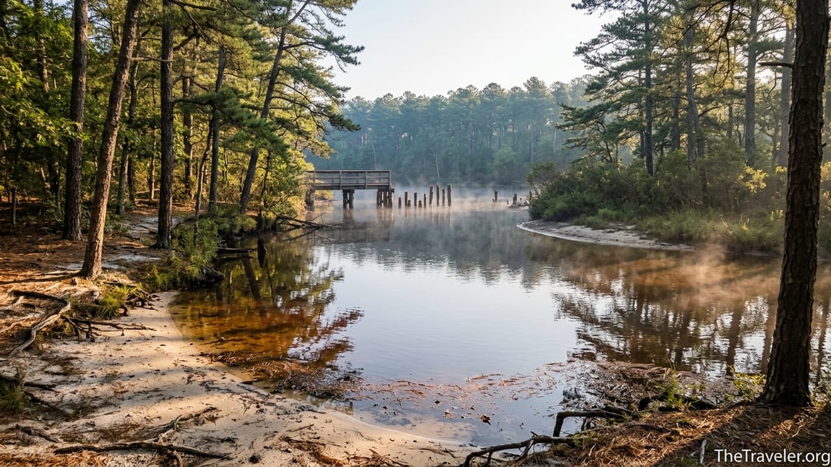 Tea-colored river winding through pine forest in New Jersey’s Pine Barrens at sunrise.