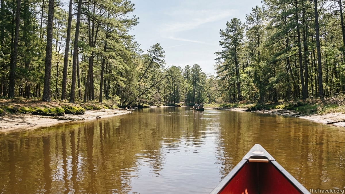 Canoe on a tea-colored river winding through pine forest in the New Jersey Pine Barrens.