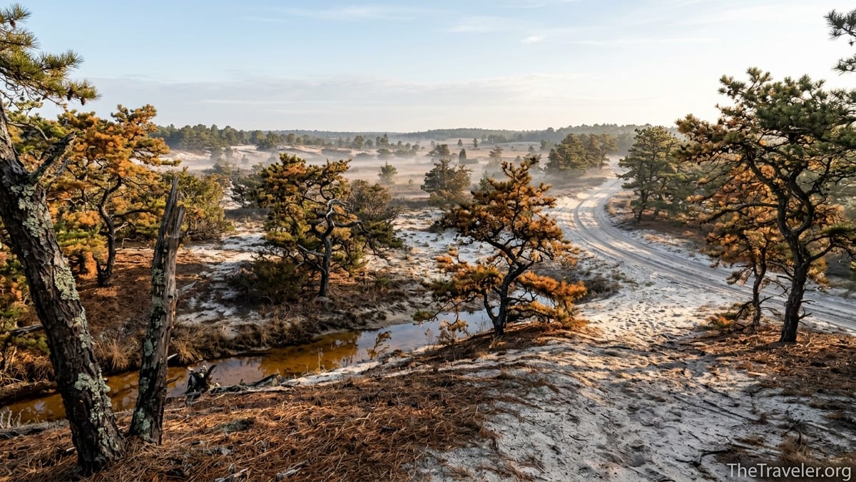 Sunrise over low pitch pines and sandy trail in New Jersey’s Pine Barrens.