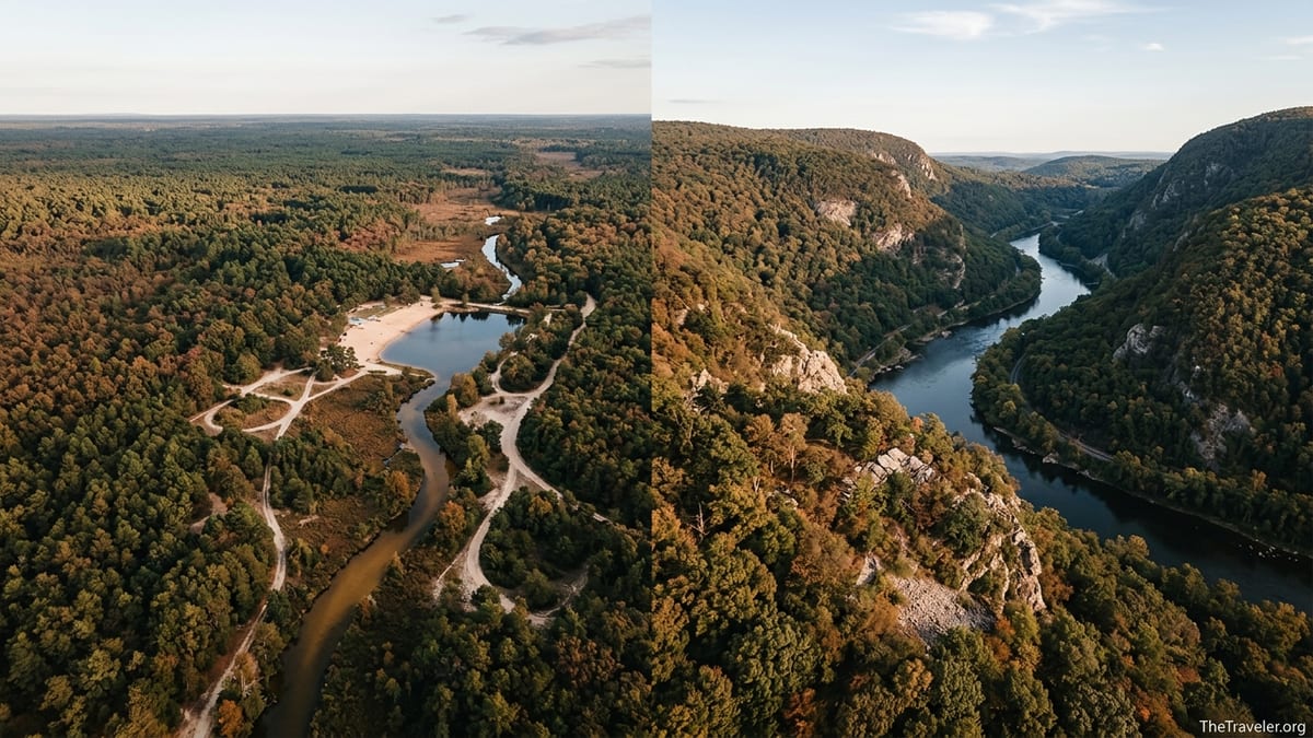 Aerial view contrasting New Jersey’s flat Pine Barrens with the steep ridges of the Delaware Water Gap in early autumn.