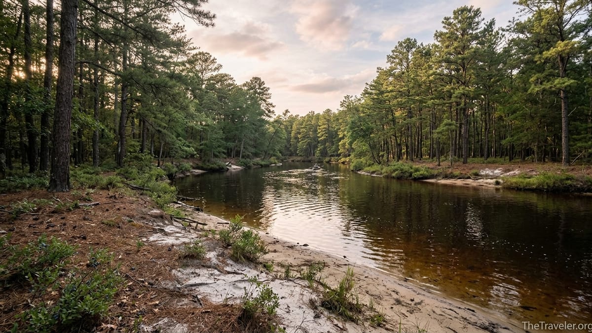 Tea-colored river winding through dense pine forest at golden hour in New Jersey’s Pine Barrens.