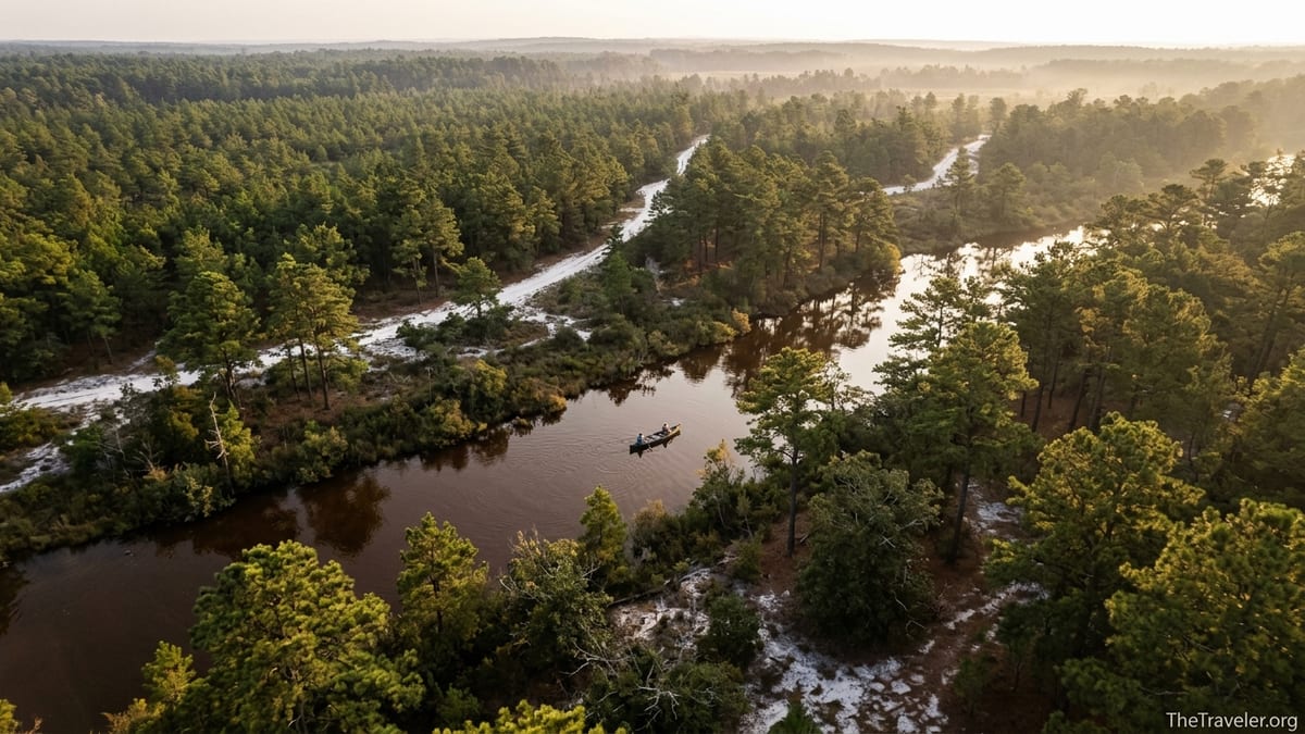 Aerial view of New Jersey Pine Barrens with a tea-colored river and sandy pine forest at sunset.