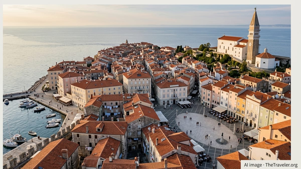 Aerial view of Piran’s terracotta rooftops and church tower on a narrow peninsula in the Adriatic Sea at golden hour.
