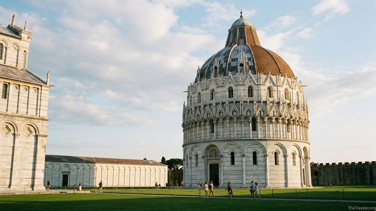 Golden hour view of Pisa’s Baptistery of St John with warm light on its marble dome and arches.