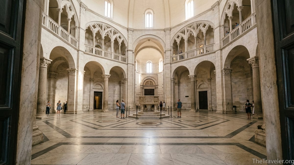 Interior of Pisa’s Baptistery of St John with central font, soaring columns and visitors beneath the high dome.