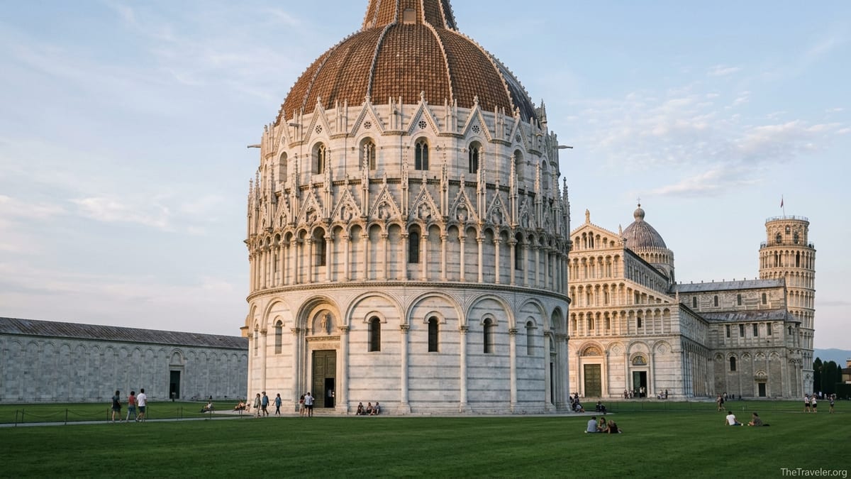 Pisa’s Baptistery of St John at golden hour with the cathedral and Leaning Tower in the background.
