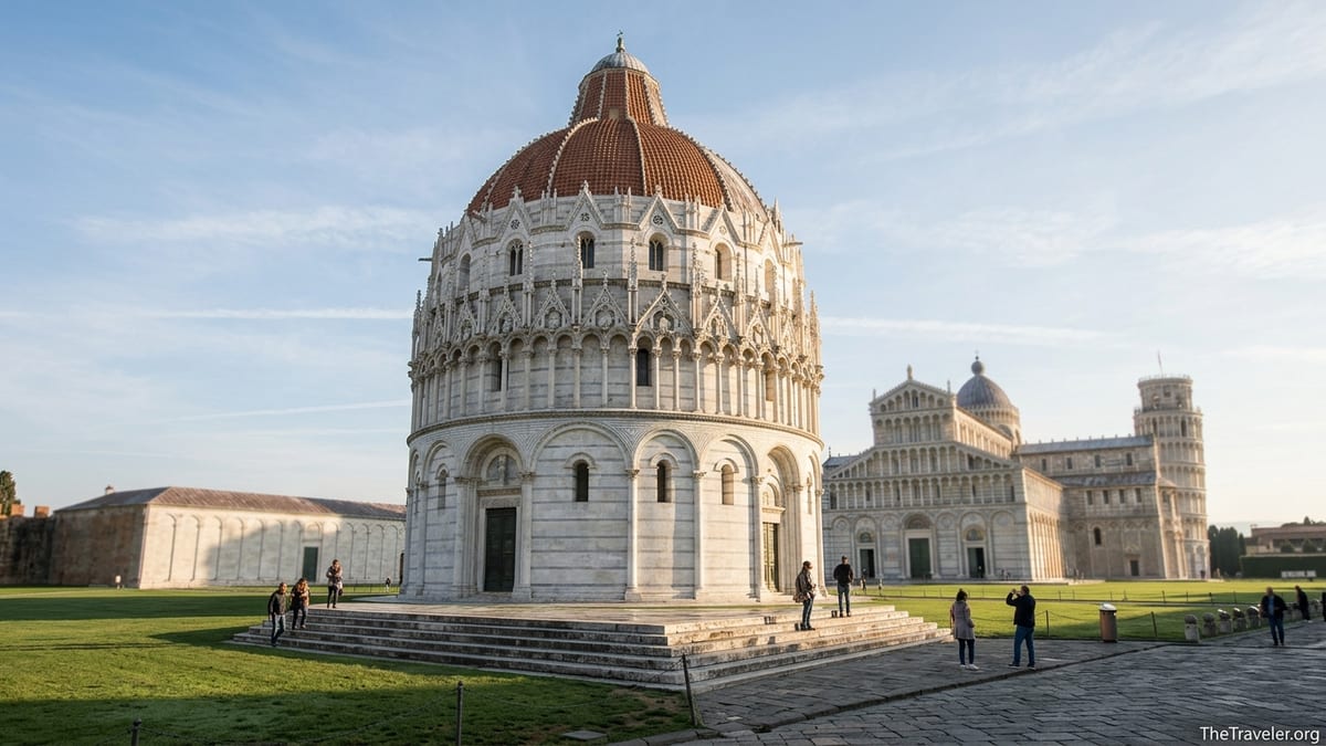 Pisa’s Baptistery of St John with cathedral and Leaning Tower behind on a sunny morning.