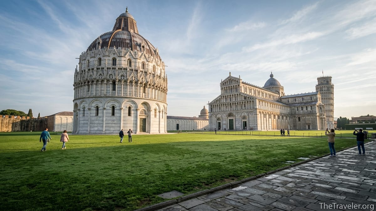 Pisa Baptistery and Cathedral at sunrise in Piazza dei Miracoli with few visitors on the lawn.