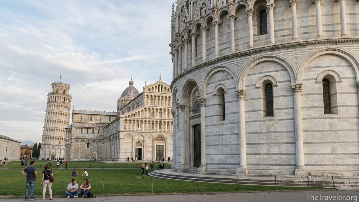 Baptistery of St John in Pisa with cathedral and Leaning Tower behind on Piazza dei Miracoli.