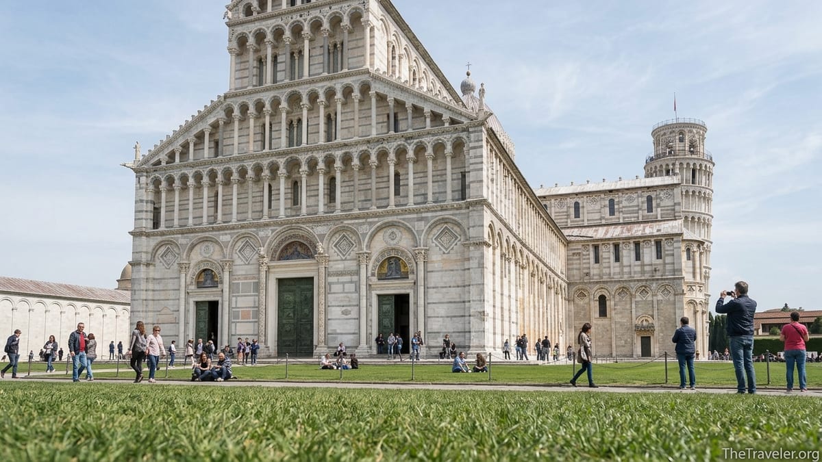 Pisa Cathedral with the Leaning Tower behind it and visitors on the lawn in Piazza dei Miracoli.