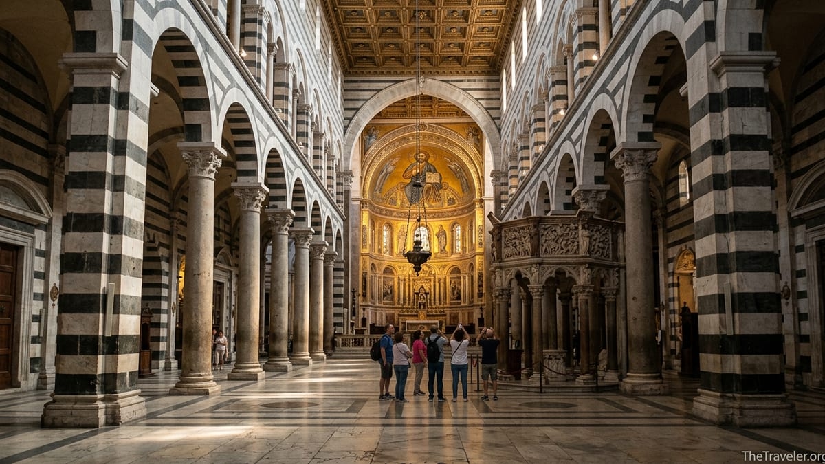 Interior of Pisa Cathedral showing striped marble arches, gilded ceiling, apse mosaic and visitors near Giovanni Pisano’s pul