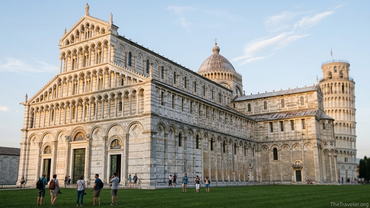 Pisa Cathedral with the Leaning Tower in the background on a sunny afternoon