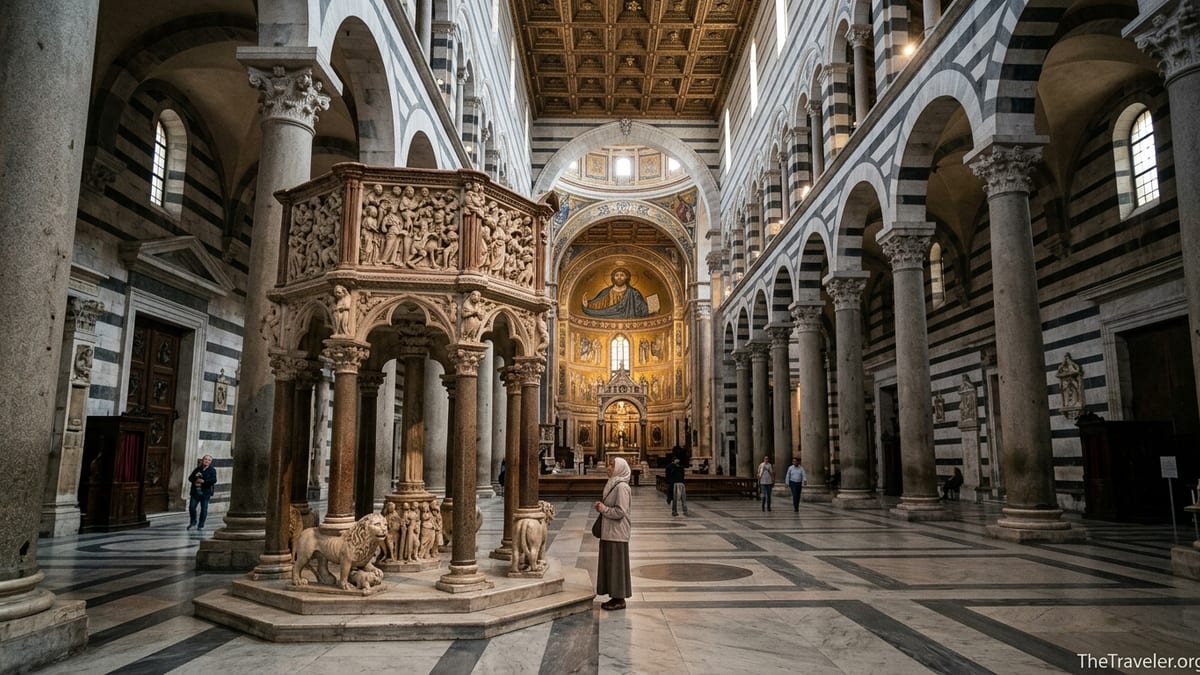 Interior of Pisa Cathedral with visitors near Giovanni Pisano’s marble pulpit and the glowing apse mosaic in soft afternoon.