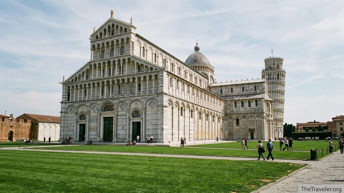 Pisa Cathedral and the Leaning Tower rising over the green lawn of Piazza dei Miracoli in Tuscany.