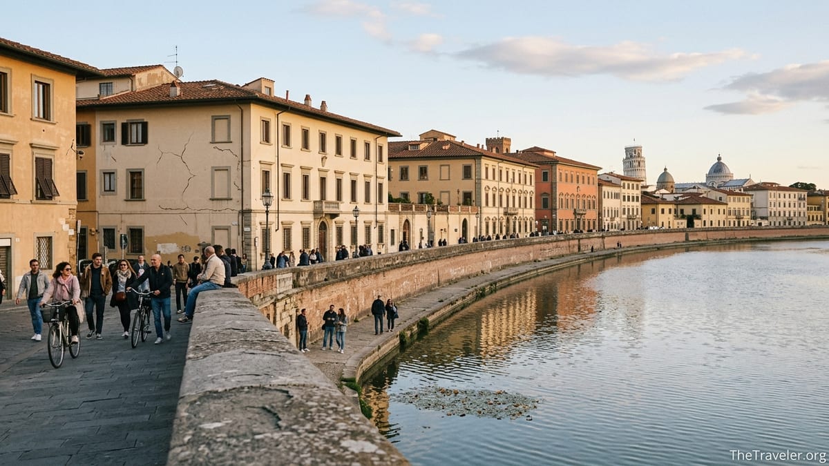 View of Pisa’s riverside facades and distant Leaning Tower at golden hour along the Arno River.