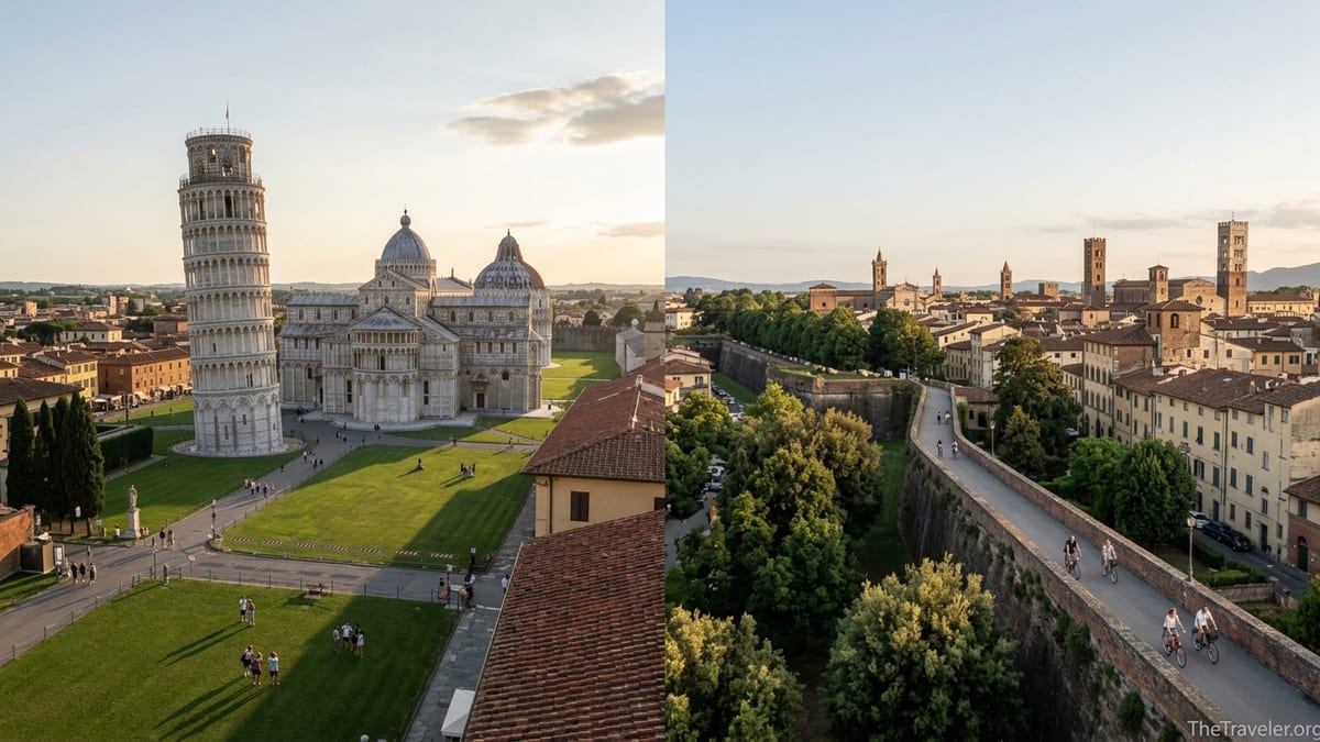 Golden hour view contrasting Pisa’s Leaning Tower with Lucca’s tree-lined walls and cyclists.