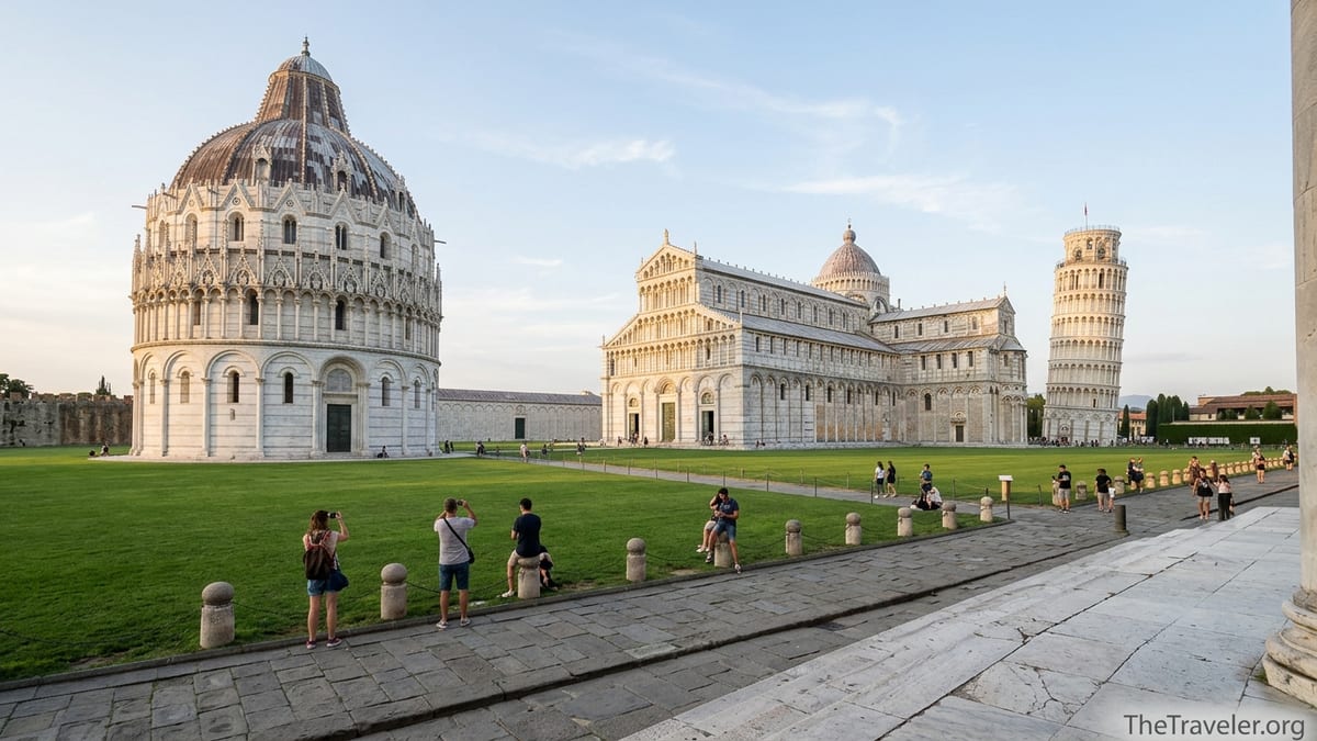 Late afternoon view of Pisa’s Piazza dei Miracoli with Leaning Tower, cathedral and Baptistery around a green lawn.