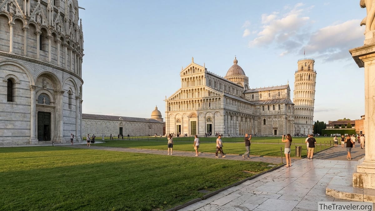 Golden hour view of Pisa’s Leaning Tower, cathedral and baptistery with visitors on the lawn.