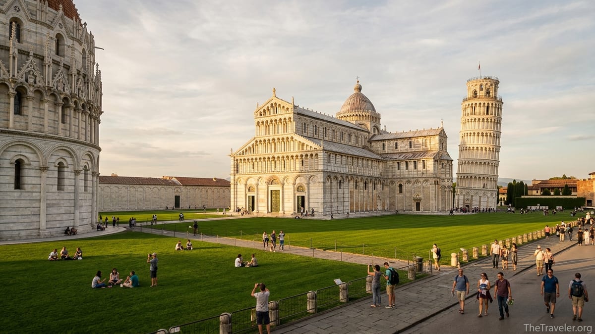 Golden hour view of Pisa’s Leaning Tower and cathedral overlooking the green lawn of Piazza dei Miracoli.