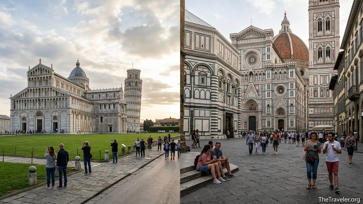 Piazza dei Miracoli in Pisa and Piazza del Duomo in Florence filled with visitors on a sunny afternoon