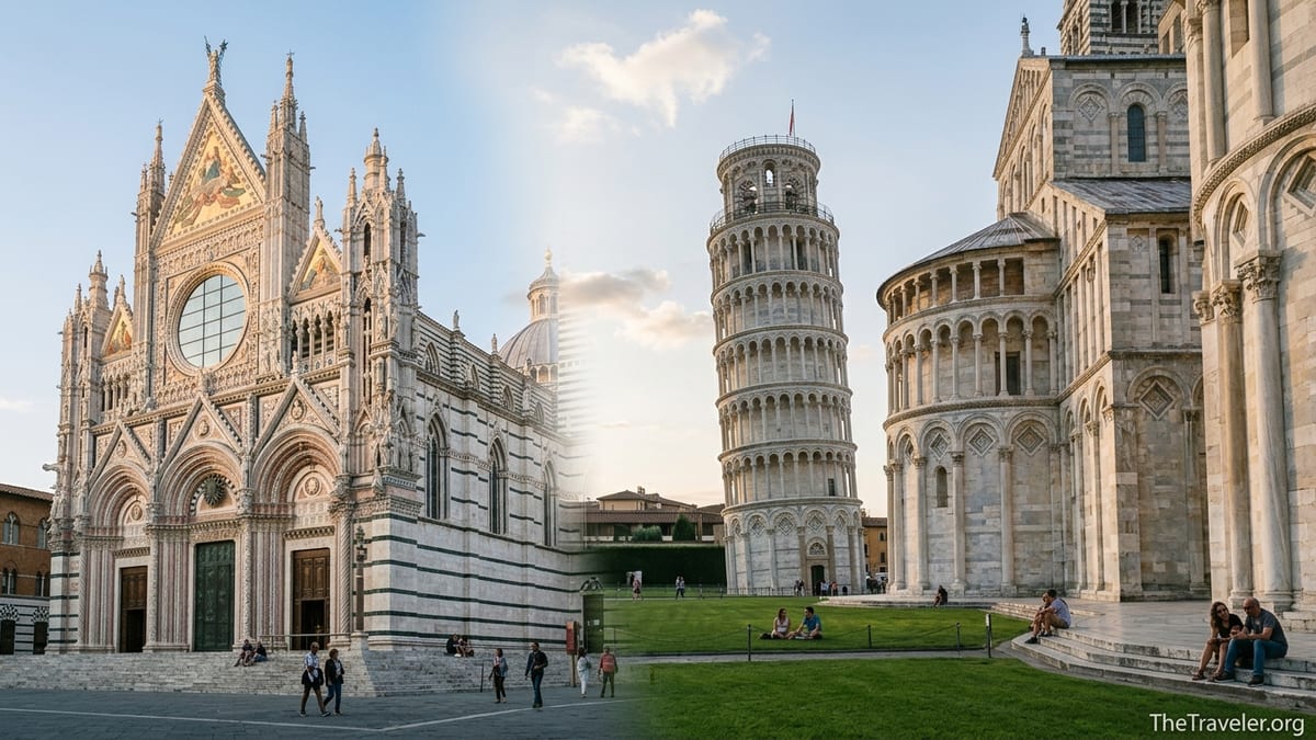 Interior and exterior details of Pisa and Siena cathedrals highlighting marble facades and dramatic spaces.