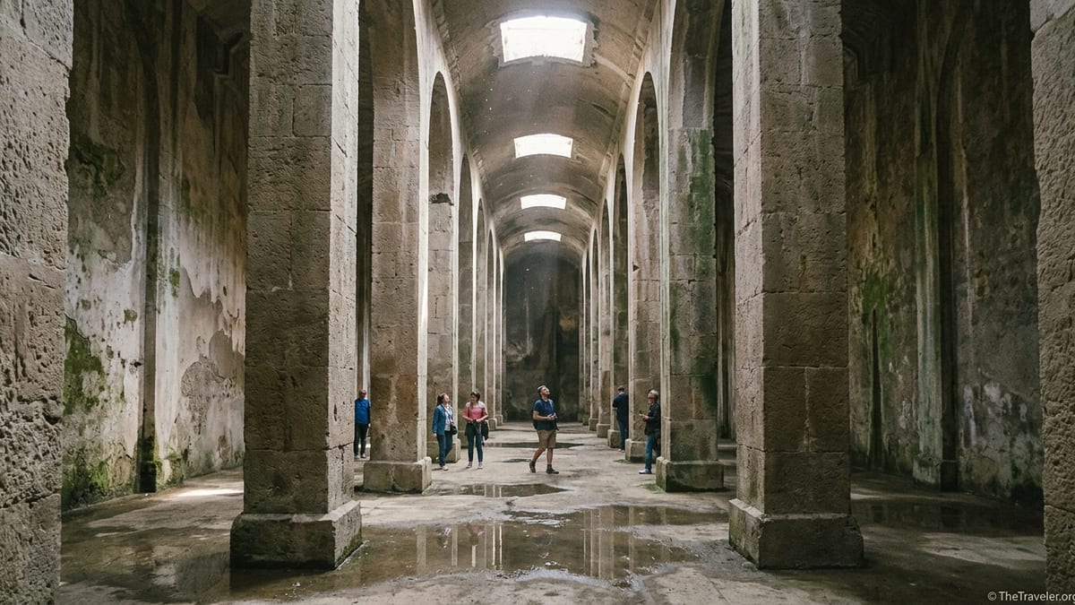 Interior of Piscina Mirabilis Roman cistern near Naples with tall stone pillars and soft light from roof openings.
