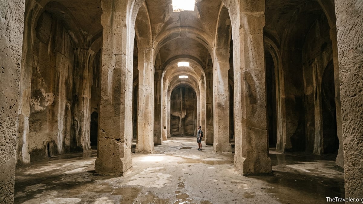 Interior of Piscina Mirabilis with towering Roman pillars lit by shafts of natural light.