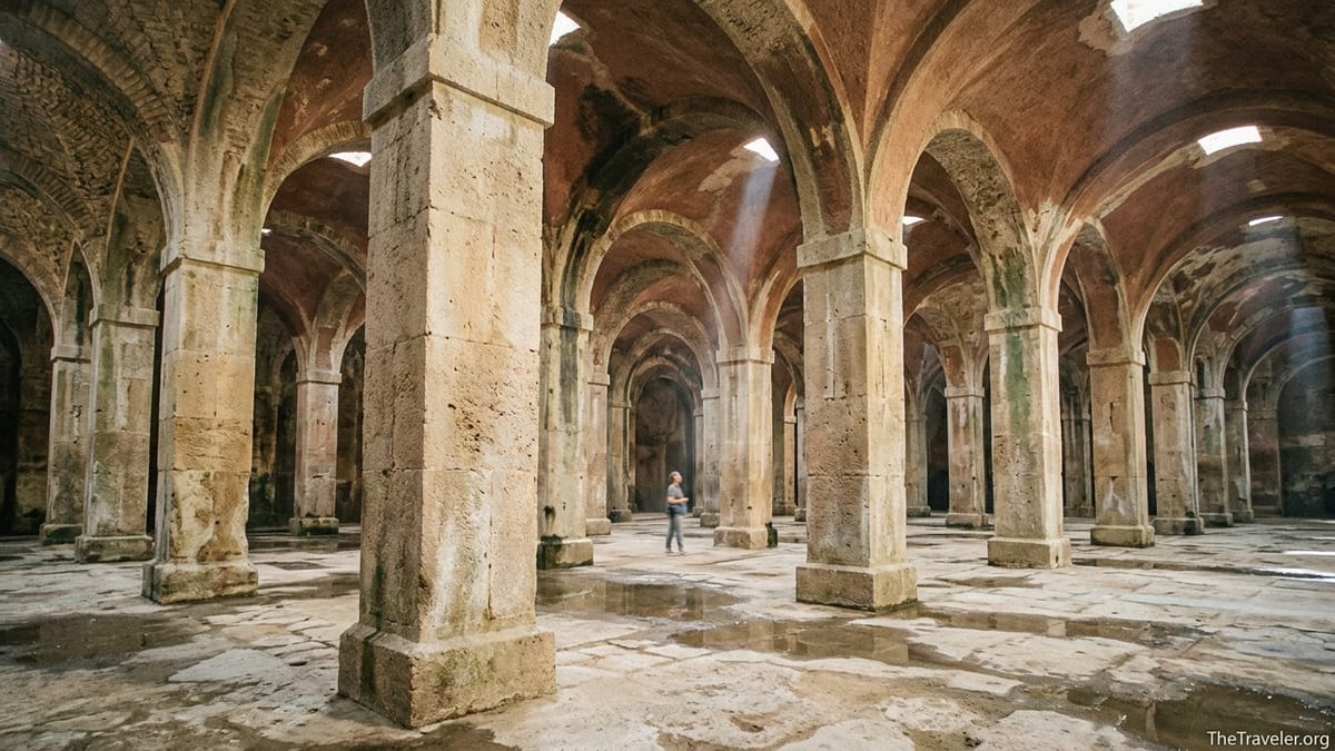 Interior of Piscina Mirabilis with massive Roman pillars and vaulted ceiling in soft natural light.