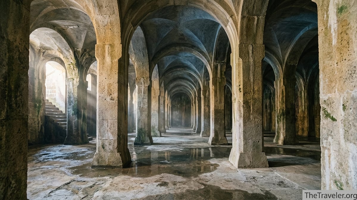 Interior of Piscina Mirabilis showing rows of Roman stone pillars and vaulted ceilings in soft natural light.