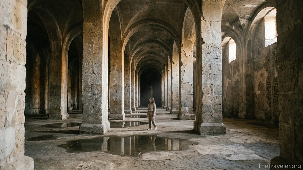 Interior of Piscina Mirabilis Roman cistern with rows of stone columns lit by soft shafts of light.