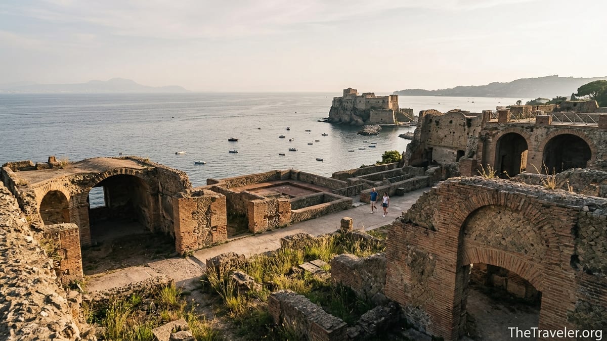 View over Roman ruins of Baiae Archaeological Park with the Bay of Naples in the background at golden hour.