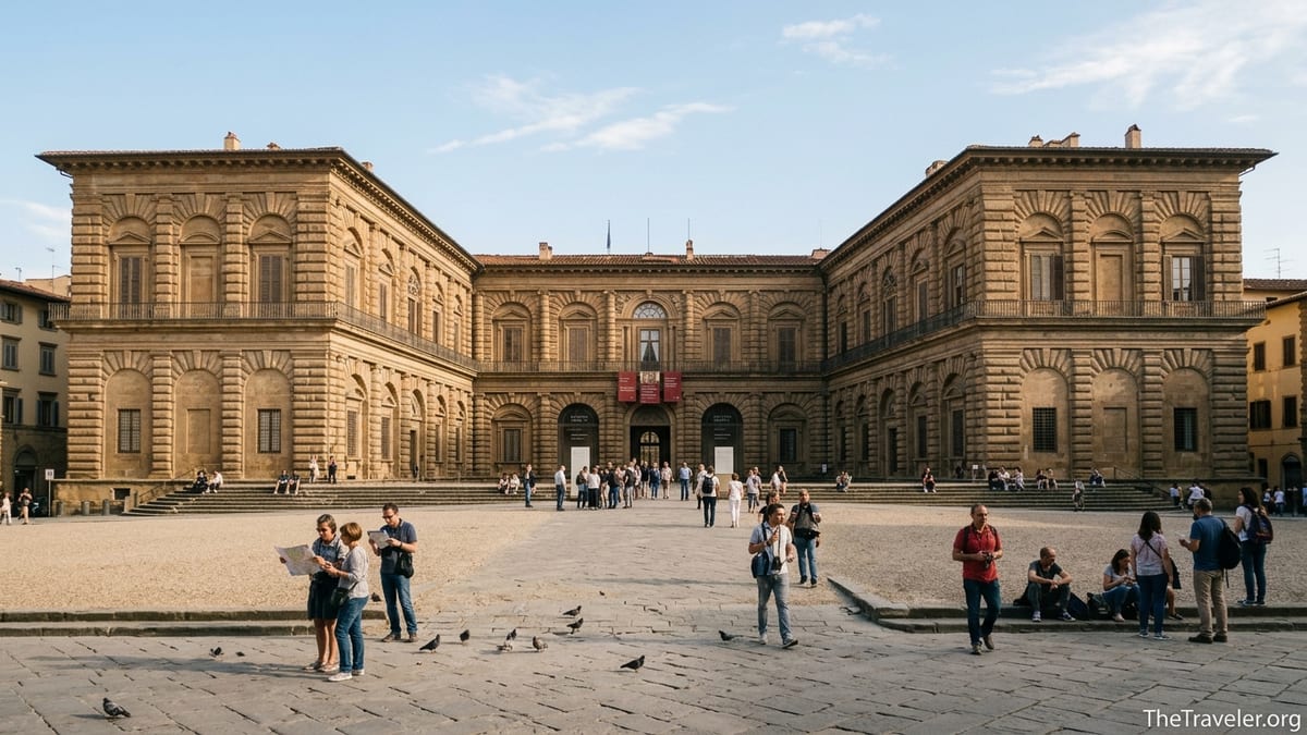 Visitors gathered in Piazza de’ Pitti in front of Florence’s Pitti Palace on a sunny afternoon.