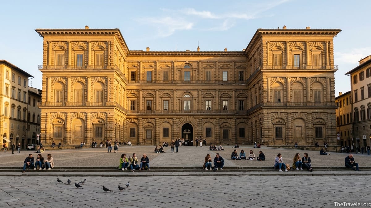 Early evening view of Florence’s Pitti Palace rising above the wide stone piazza with visitors in the square.