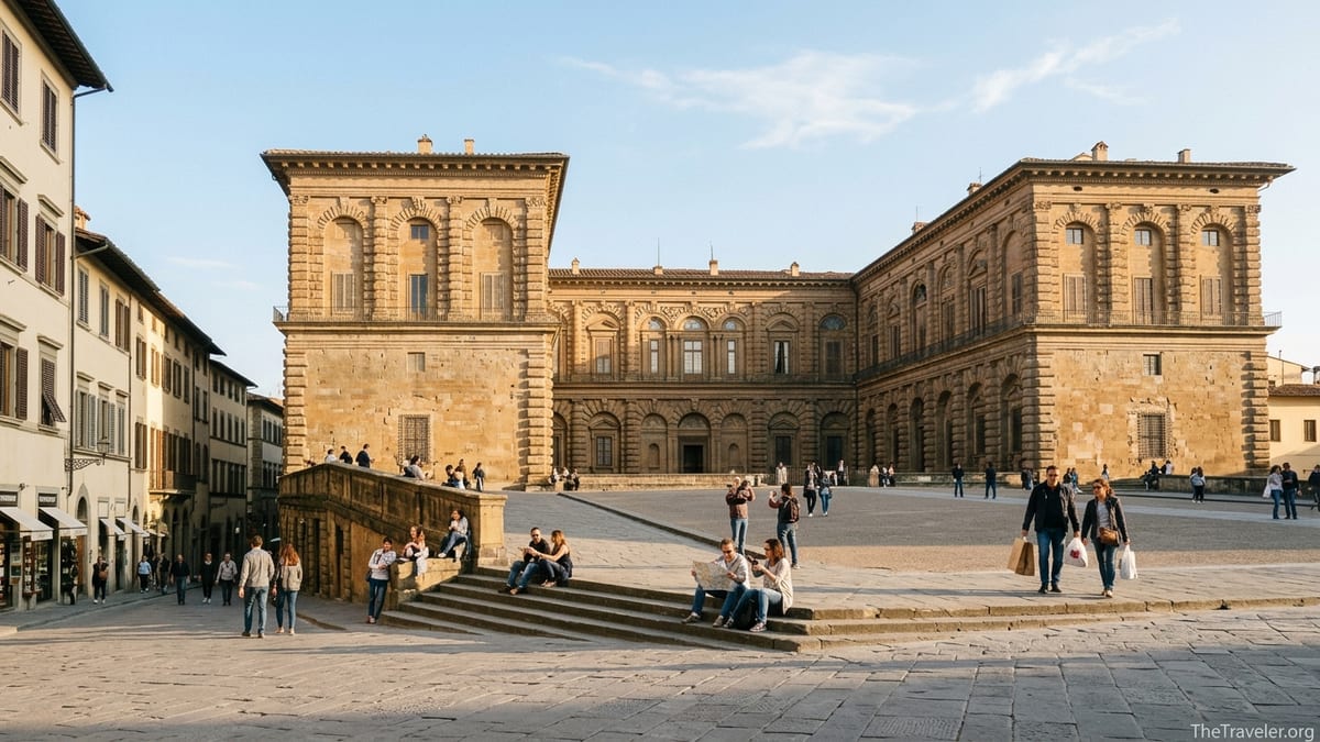 View of Florence’s Pitti Palace and Piazza Pitti with visitors relaxing on the sloping stone square in late afternoon light.