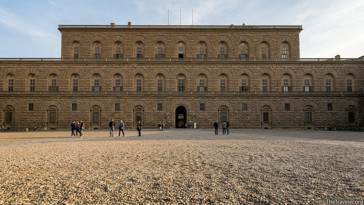 Pitti Palace facade and forecourt in Florence on a sunny afternoon with a few visitors walking across the square.