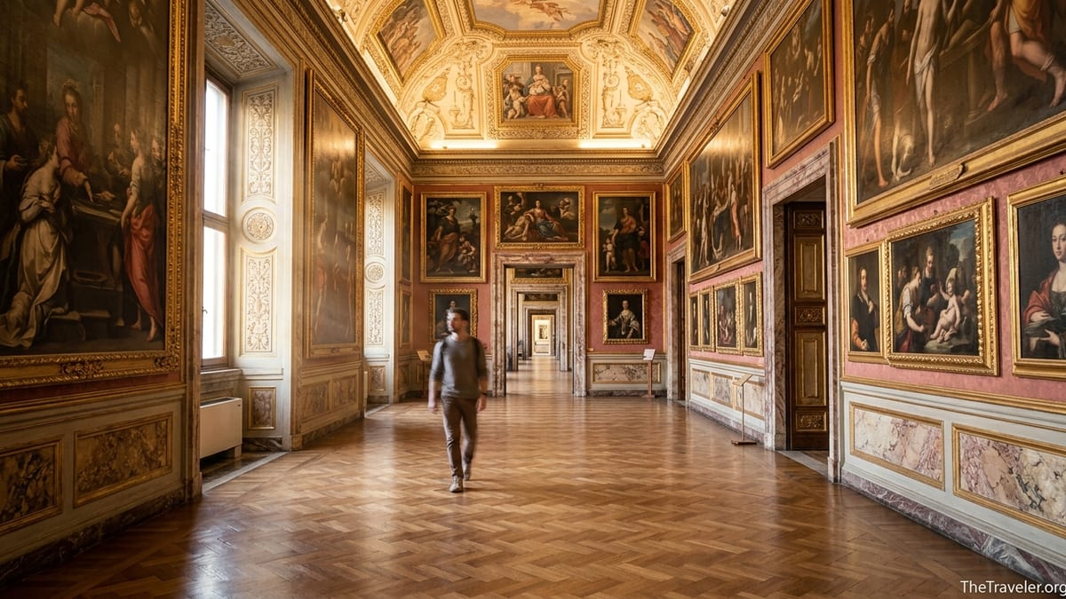 Visitor walking through the opulent Palatine Gallery in Florence’s Pitti Palace, surrounded by dense gold-framed paintings.
