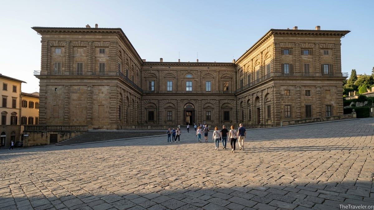 Early morning view of Florence’s Pitti Palace with visitors crossing the stone square