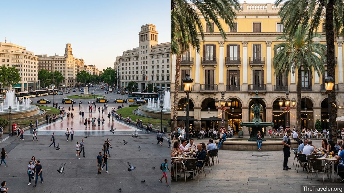 Plaça de Catalunya and Plaça Reial in Barcelona showing busy hub and palm-lined courtyard at dusk.