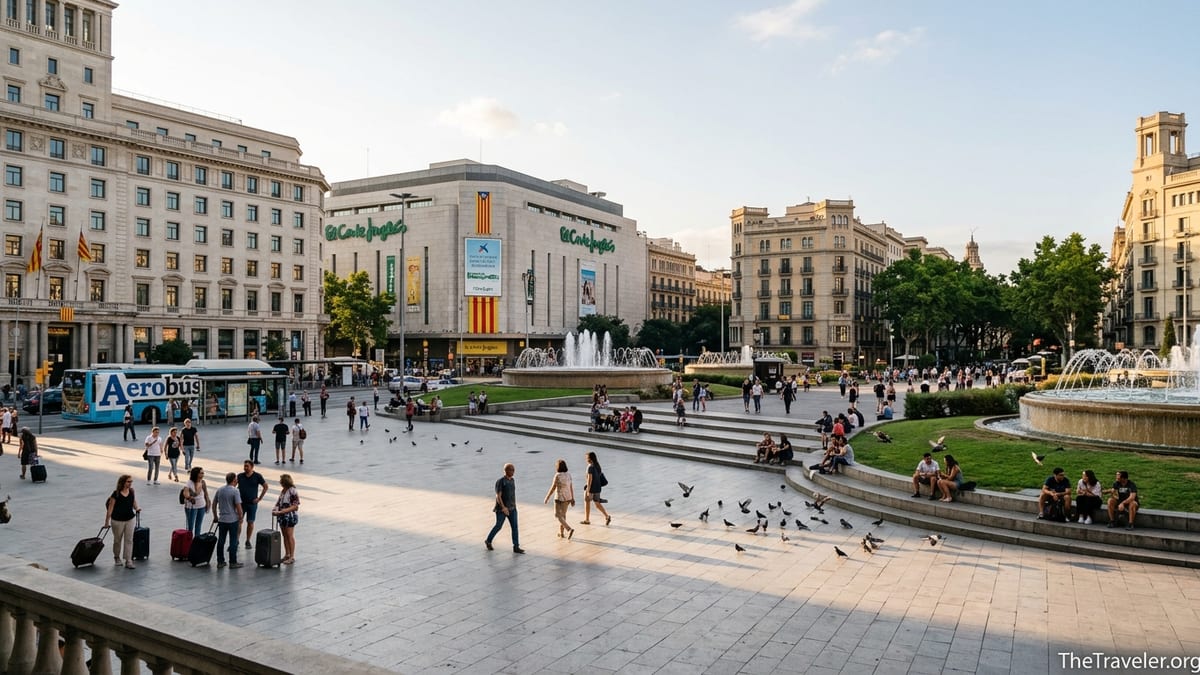 Crowds crossing sunlit Plaça de Catalunya in Barcelona with fountains and grand buildings.