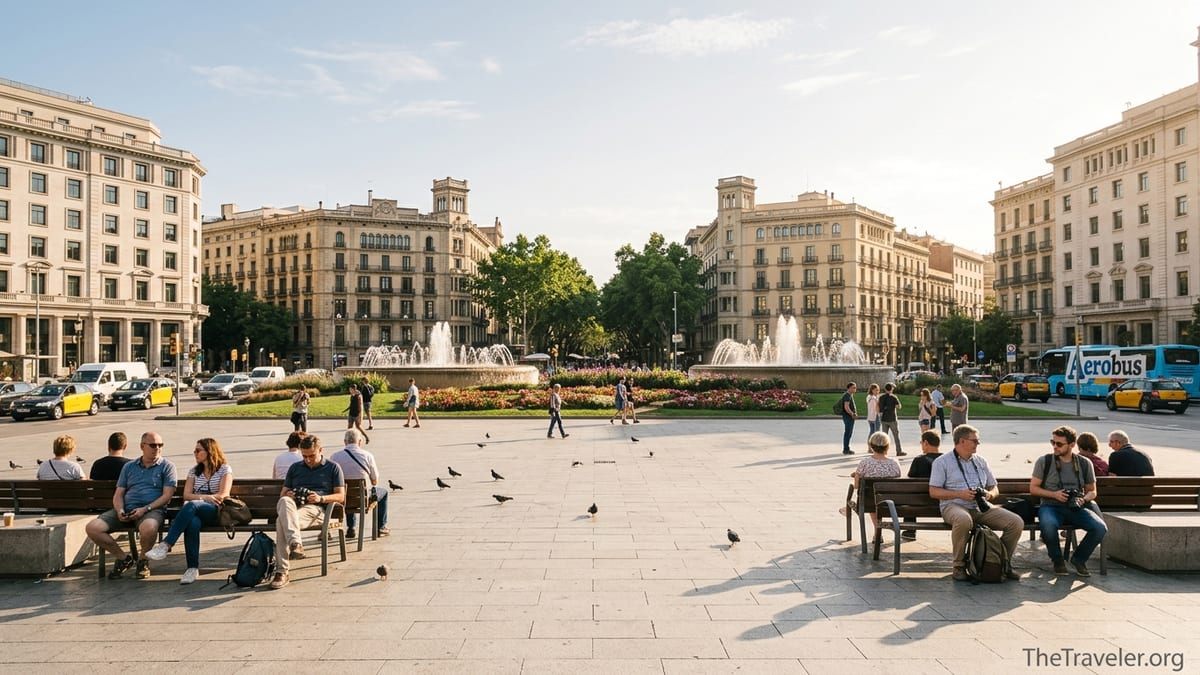 Travelers relaxing and people watching around the fountains of Plaça de Catalunya in Barcelona.