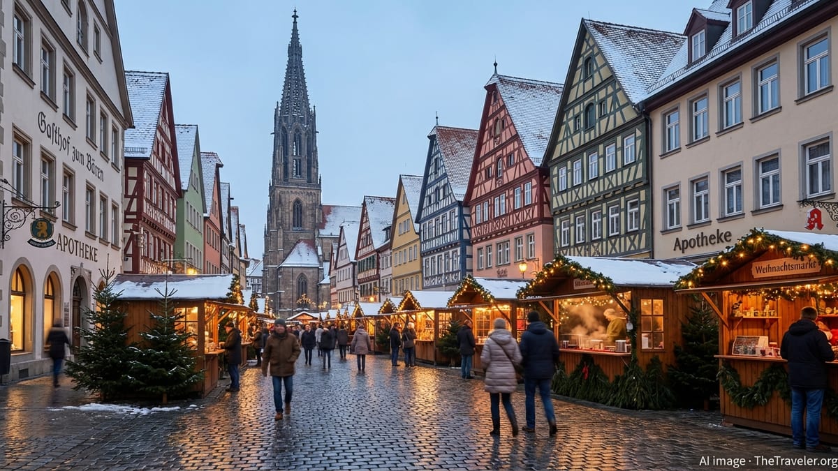 Dusk winter scene of a European cobblestone square with half timbered houses and festive market stalls.